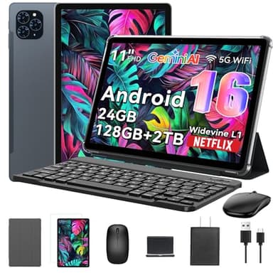 Tablet The World's First Android 16 Tablet with Gemini AI, 11 Inch FHD Display, 24GB RAM 128GB ROM /2TB TF, T7250 CPU+13MP Camera, 8000mAh, Widevine L1, 2 in 1 Tablets with Keyboard Mouse Stylus