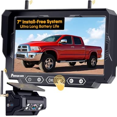 Magnetic Solar Wireless Backup Camera: 7" DVR Portable 1 Min Easy Install Scratch-Proof No Delay Truck Trailer Hitch Rear View Camera Rechargeable HD 1080P for Small RV Camper Pemacom P15