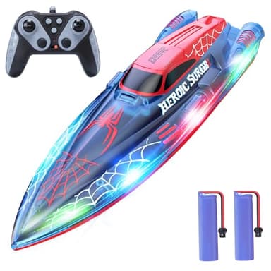 DEERC 13 inch Remote Control Boat for Kids, 2.4Ghz RC Spider Boat with LED Lights for Pools and Lakes, Water Toy Gift for Boys 8-12, 2 Batteries, Outdoor Toy