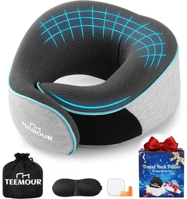 Travel Pillow, Neck Pillow Travel for Airplanes, Memory Foam Airplane Pillow Updated Resting Material, Travel Essentials Airplane Travel Set with Eye Mask, Earplugs, and Portable Mesh Bag (Grey)