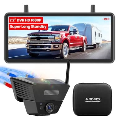 AUTO VOX Solar Wireless Backup Camera Magnetic: 7.2" DVR 1080P 2 Split Recording Monitor, No Wiring 1Min Install & Portable Rechargeable Trailer Hitch Back Up Camera Systems for Truck, RV,Camper