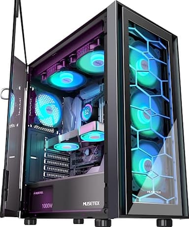 MUSETEX ATX PC Case 6 PWM ARGB Fans Pre-Installed, Mid Tower Gaming PC Case with Double Tempered Glass, USB 3.0 x 2 Computer Case, Black, G07