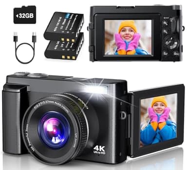 4K Digital Camera for Photography Autofocus, 2026 Latest 48MP Vlogging Camera for YouTube with SD Card, 2 Batteries, 3" 180°Flip Screen Compact Travel Camera for Teens with 16X Zoom, Anti-Shake, Black