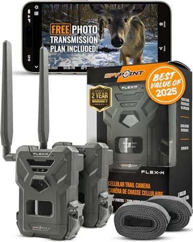 SPYPOINT FLEX-M Twin Pack Cellular Trail Cameras - Best Hunting Accessories, No WiFi Needed, GPS, Night Vision, Motion Activated, IP65 Water-Resistant Game Camera, 28MP Photos, 720p Videos + Sound (2)