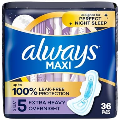Always Maxi Overnight Feminine Pads with Wings for Women, Size 5, Extra Heavy Overnight Absorbency, Unscented, Up to 100% Leak-Free Protection, 36 Count