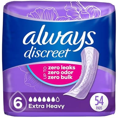 Always Discreet Adult Incontinence Pads for Women, Extra Heavy Absorbency, Regular Length, Postpartum Pads, Up to 100% Bladder Leak ProteCountion, 54 Count