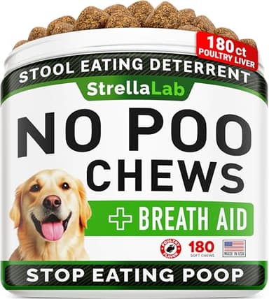 STRELLALAB No Poo Treats for Dogs - Coprophagia Stool Eating Deterrent - No Poop Eating for Dogs - Digestive Enzymes - Gut Health & Immune Support - Stop Eating Poop - Poultry Liver Flavor 180 Chews