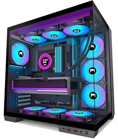 HYXN H1 ATX PC Case - Pre-Installed with 7 PWM ARGB Fans - Dual Cavity Mid-Tower PC Gaming Case - with Type-C - Can Hold up to 3X 360mm heatsinks simultaneously (Black, H1)