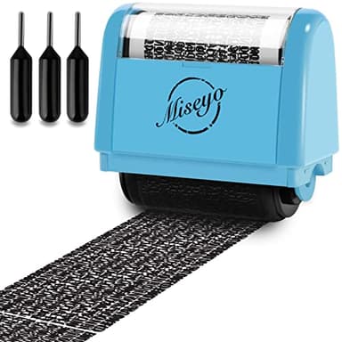 Miseyo Wide Identity Theft Protection Roller Stamp Set - Blue (3 Refill Ink Included)