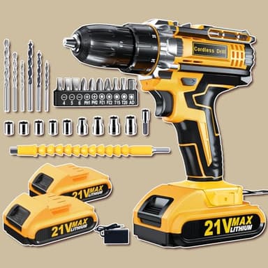 Cordless Drill, 21V Electric Drill Set, 2 x 2.0Ah Power Pack Electric Screwdriver, 2 Speed 42Nm Power Drill Driver, 25+1 Torque, LED Light, 29 Accessories Combi Drill Kit Tools for DIY