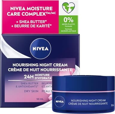 NIVEA Nourishing Night Cream for Face, Face Moisturizer for Dry Skin with Shea Butter and Antioxidants, Face Cream, 24H Moisture, Non-Greasy, Dermatologically-Tested Skin Care, 50mL