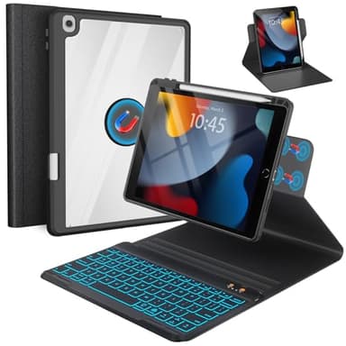 Keyboard Case for iPad 9th/8th/7th Generation 10.2 inch, 360° Rotatable Magnetic iPad Air 3 Pro 10.5-inch Case with Keyboard Pencil Holder Groove,7 Color Backlit Keyboard