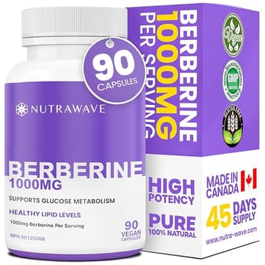 Nutrawave Pure Berberine Maximum Potency, 1000mg per Serving(Each Capsule 500mg), Supports Blood Sugar Levels, Healthy Lipid(Fat) & Glucose Metabolism, Non-GMO, Vegan, Gluten Free, 90 Capsules, 1 Pack