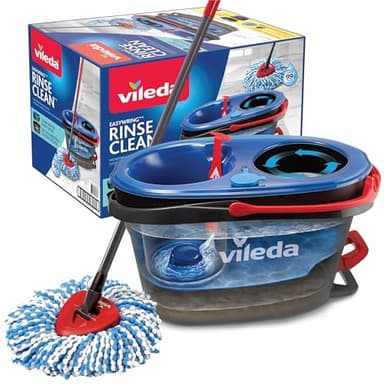 Vileda RinseClean Spin Mop & Bucket System | 2-Tanks Separate Clean and Dirty Water | Machine Washable and Reusable Microfibre Mop Head Replacement | Hands-Free Wringing Bucket