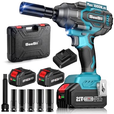 SEESII 1000Nm(738ft-lbs) Cordless Impact Wrench High Torque,1/2" Brushless Impact Gun w/Two 4.0AH Battery,Fast Charger, 5 Sockets & Storage Case, Electric Impact Wrench for Car Truck,WH760
