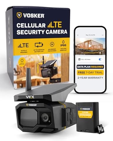 VOSKER VKX Construction Pack Solar 4G LTE Security Camera, Wireless Outdoor Surveillance for Remote Construction Sites - No Wi-Fi Needed, SIM Card Included Night Vision, IP65 Weather-Resistant