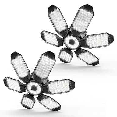 POLARPRA Garage Lights - 2Pack Super Bright 32000LM LED Garage Ceiling Light 6500K LED Shop Light w/ 6 Deformable Panels Screw in E26/E27 Socket Light Bulbs for Workshop Storage Warehouse Attic