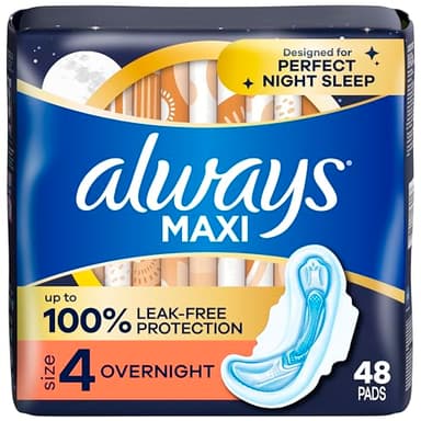 Always, Maxi Pads For Women, Size 4, Overnight Absorbency With Wings, 48 Count