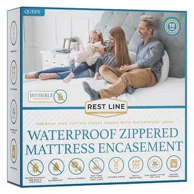 Queen Size 60x80” Premium Waterproof Zippered Mattress Encasement, 100% Cotton, Hypoallergenic, Bed Bug Proof Six Sided Mattress Cover, Invisible Zippered, Soft Breathable up to 15" Deep - Rest Line