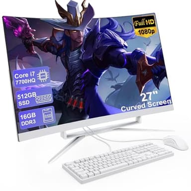 MECHAZER 27 inch All-in-One Desktop Computer, Curved FHD Display, All-in-One PC 16GB DDR3 512GB ROM SSD Core i7 7700HQ, HDMI Bluetooth 5.0 Dual Band WiFi with Mouse and Wired Keyboard
