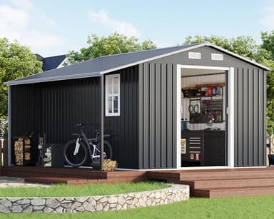 Jocisland Outdoor Storage Shed 10.6x10.3x6.3 FT, Sliding Door Shed with Two 4-Pane Windows, Open Wood Storage Shelter, Dark Gray