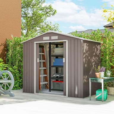 Outsunny 7' x 4' x 6' Garden Storage Shed Outdoor Patio Yard Metal Tool Storage House w/Steel Foundation Kit and Double Doors, Light Brown