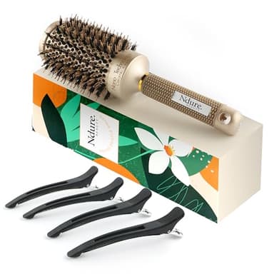 Ndure Beauty Hair Brush for Blow Drying, Curling & Straightening - Ceramic & Ionic Boar Bristles Barrel Brush with 4 Clips Included
