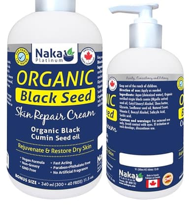 Naka Platinum Organic Black Cumin Seed Cream, Skin Repair Cream, Rejuvenate & Restore Dry Skin, Made in Canada (340 ml (Pack of 1))