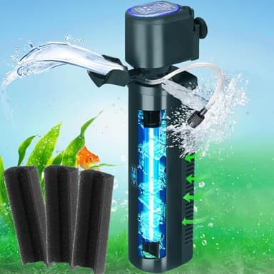 200GPH Aquarium Filter, Fish Tank Filter for 20-75 Gallon, Submersible Pump Filter for Green Water and Cloudy Clean, Ultra-Silent Green Killing Machine with Turtle Tank Deodorization