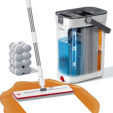 Mop and Bucket Set, 3-Tank Flat Mop and Bucket System for Separate Dirty & Clean Water, 65" Mops for Floor Cleaning with 8 Washable Pads, Safe for Hardwood, Vinyl, Tile, Baseboards, Walls