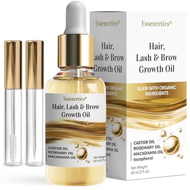 Essencetics Organic Castor Oil for Hair, Lash & Brow with Rosemary & Macadamia Oils and Vitamin E - 60ml Cold Pressed Hexane Free Eyebrow & Eyelash Serum - With Glass Dropper Bottle & Mascara Tubes