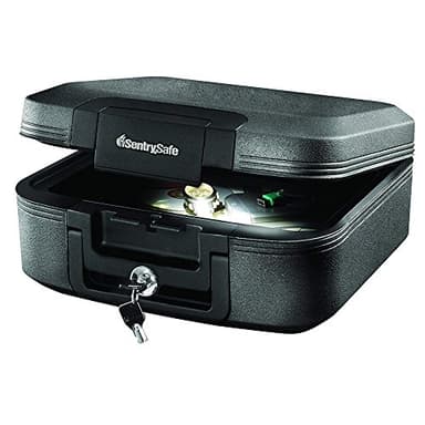 SentrySafe Fireproof and Waterproof Chest Box with Key Lock, Black Travel Safe with Interior Lighting and Carrying Handle, 0.28 Cubic Feet, 6.6 x 15.4 x 14.3 Inches, CHW20205