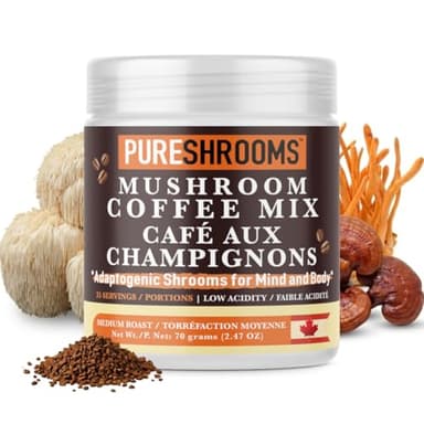 PureShrooms Instant Mushroom Coffee | Ultra Concentrated Organic Lion's Mane, Reishi, Cordyceps | Made in Canada | Medium Roast, 100% Arabica Beans Keto-Friendly Sugar-Free Fair-Trade | Boost Focus, Energy, Immunity | Adaptogenic Coffee Substitute, (35 Servings - Net Wt.70g)