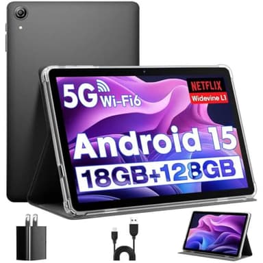 Tablette Android, Android 15 Tablet, Android Tablet 10 Inch, Octa-Core, 18GB RAM+128GB ROM+1TB Expand, 1280x800 IPS Display, GPS, 5G WiFi, Widevine L1, 5MP+8MP Camera, 6000mAh, BT5.4, Black