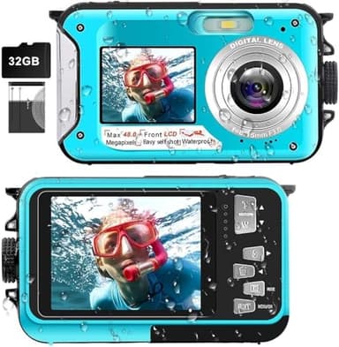 Underwater Camera 2.7K Waterproof Camera with 32GB Card 48MP Autofocus Selfie Dual-Screen Cameras for Snorkeling Compact Digital Camera (Blue)