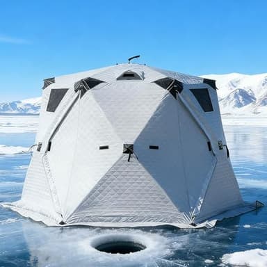 Insulated Ice Fishing Tent 6-12 Person, Multi-Season Pop-Up Ice Shelter with Stove Jack, 210D Oxford Insulated Ice Shanty with 360° Panorama Windows, for Winter Camping Fishing(Silver,3.5x3.5m)