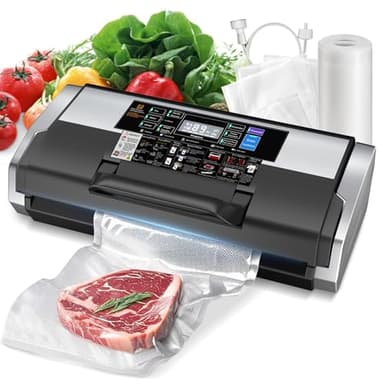 -95kPa Vacuum Sealer Machine with Double Heat Seal, Automatic Food Sealer with LED Progress Interface, 10-IN-1 Dry & Moist Modes for Food Storage, Includes 15 Bags and 28x500cm Roll