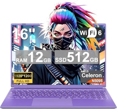 NOTODD Laptop 16" 12GB LPDDR4 512GB SSD Celeron N5095 Up to 2.9Ghz Quad-Core Win 11 PC 1920*1200 2K Screen Dual WIFI Support 2.5" HDD 1TB SSD Expand with Cooling Fan Numeric Keypad for Business-Purple