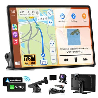 Portable Apple Carplay Screen for Car, 11.3" Extra Large Wireless Car Play & Android Auto Screen for Car, Car Stereo with 4K Dash Cam, App View, Backup Camera,GPS,Mirror Link,FM, Voice Control