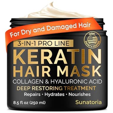 Keratin Hair Mask - Deep Conditioner for Dry, Damaged Hair — Hydrolyzed Keratin, Hyaluronic Acid, Argan Oil and Collagen - Sulfate-Free, Paraben-Free | 8.5 fl oz