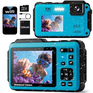 5K Waterproof Camera,64MP Underwater Digital Camera,16FT Floating Camera for Snorkeling,Surfing,Swimming and Kayaking,Dual-Screen Selfie,Autofocus,16X Zoom,Fill Light,32GB Card,Type-C Rechargeable