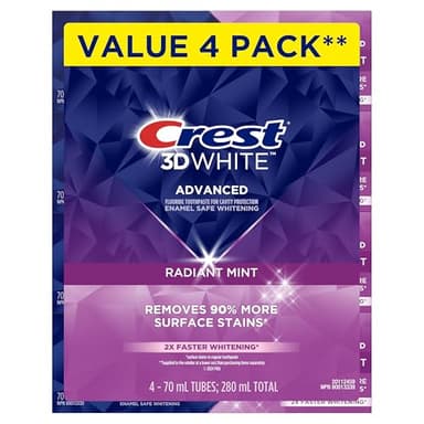 Crest 3D White Advanced Teeth Whitening Toothpaste, Radiant Mint, 4 Count (Pack of 1), 280 mL Total (70 mL each)