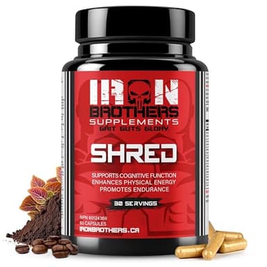 Iron Brothers Shred Thermogenic Fat Burner Supplement | Weight Loss Pills for Women, Men | Appetite Suppressant & Metabolism Booster w/Green Tea Extract & Caffeine, Made in Canada Diet Pills, 60 Caps