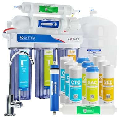 Max Water 5 Stage 100 GPD Reverse Osmosis Water Filtration System + Faucet + NSF Certified Tank + 7 Extra Replacement Filter Cartridges – Clear Housing – Wall Mount/Under Sink Water Filter System