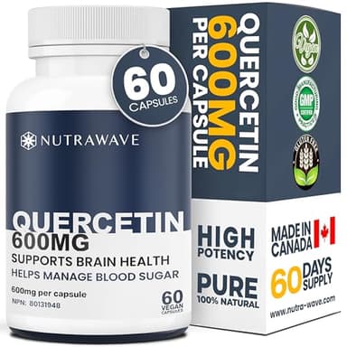 Nutrawave PURE HIGHEST POTENCY 1200mg QUERCETIN Capsules (2 x 600mg capsules) per serving, Powerful Antioxidant Properties, and Reduce Inflammation. Immune Health and Allergy Relief. Helps regulate Blood sugar levels, Supplement for Women and Men, Non-GMO, Vegan, Gluten Free. 60 Capsules.