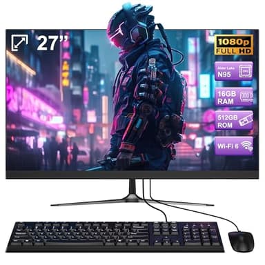 All-in-One Desktop Computer Alder Lake N95 27 inch All-in-One PC 16GB RAM 512GB ROM Full HD IPS Display USB3.0 * 4, Built in Speaker Dual-Band WiFi&Bluetooth 5.1, with Wired Keyboard and Mouse.