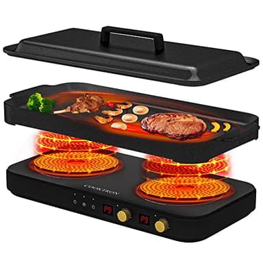 COOKTRON 1800W Induction Cooktop 2 Burner with Removable Cast Iron Griddle Pan Non-Stic Smokeless, Portable Induction Cooktop Double Burner with Child Safety Lock & Timer, Black
