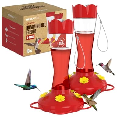 MEKKAPRO Hummingbird Feeders for Outdoors Glass - Red Hummingbird Feeders for Outdoors, Metal Ring, Bee-Proof Design, Easy Assembly, Red Hummingbird Feeder (Classic, 10oz - 2 Pack)
