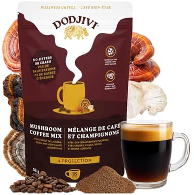 Dodjivi Made in Canada Organic Mushroom Coffee Instant Packets, Arabica Coffee with Lion's mane, Chaga, Turkey Tail, Reishi Mushroom Powder for Better Focus, Immune Support, Keto Friendly (18 Servings) 58 g
