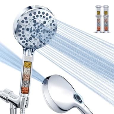 High Pressure 10-Mode Handheld Shower Head - Built in Power Wash for Clean, Replaceable Filter Soften Hard Water Remove Chlorine, 60 Inches Hose, Overhead Bracket, Anti-Clog Nozzle (Chrome)